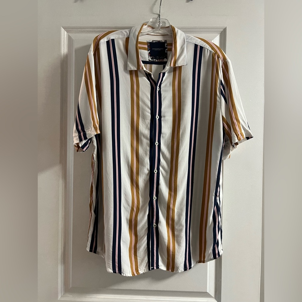 Denim & Flower Men's Striped Button-Down Shirt - White, Blue, and Brown